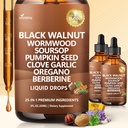 25-in-1 Liposomal Black Walnut Wormwood Tincture Cleanse for Humans – 6660mg Liquid Drops with Clove, Garlic, Pumpkin Seed, Oregano, Purple Daisy, Burdock Root – Lymphatic Drainage Support,4 Fl Oz