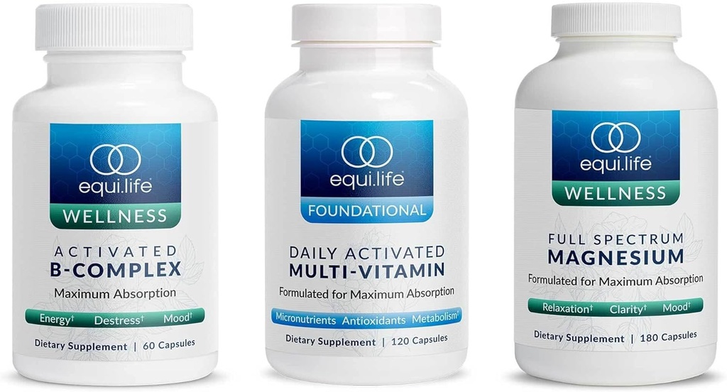 Equilife - Complexe B activé (60 ct.), Magnésium plein spectre (180 ct.), Multivitamine activée quotidiennement (30 portions)