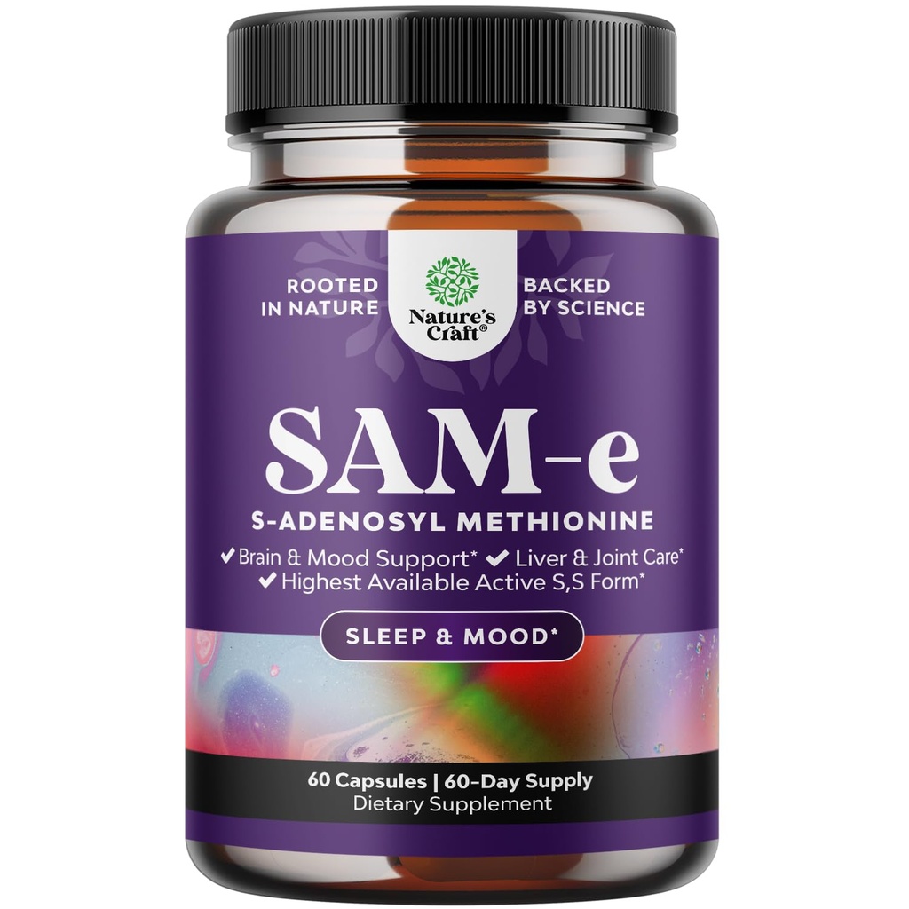 Sam-E 200mg Mood Support Supplement - S-Adenosyl Methionine Sam-E Supplement for Natural Relaxing Mood Boost Brain Support and Liver Detox Cleanse - Vegan Non-GMO and Gluten Free - 60 Count