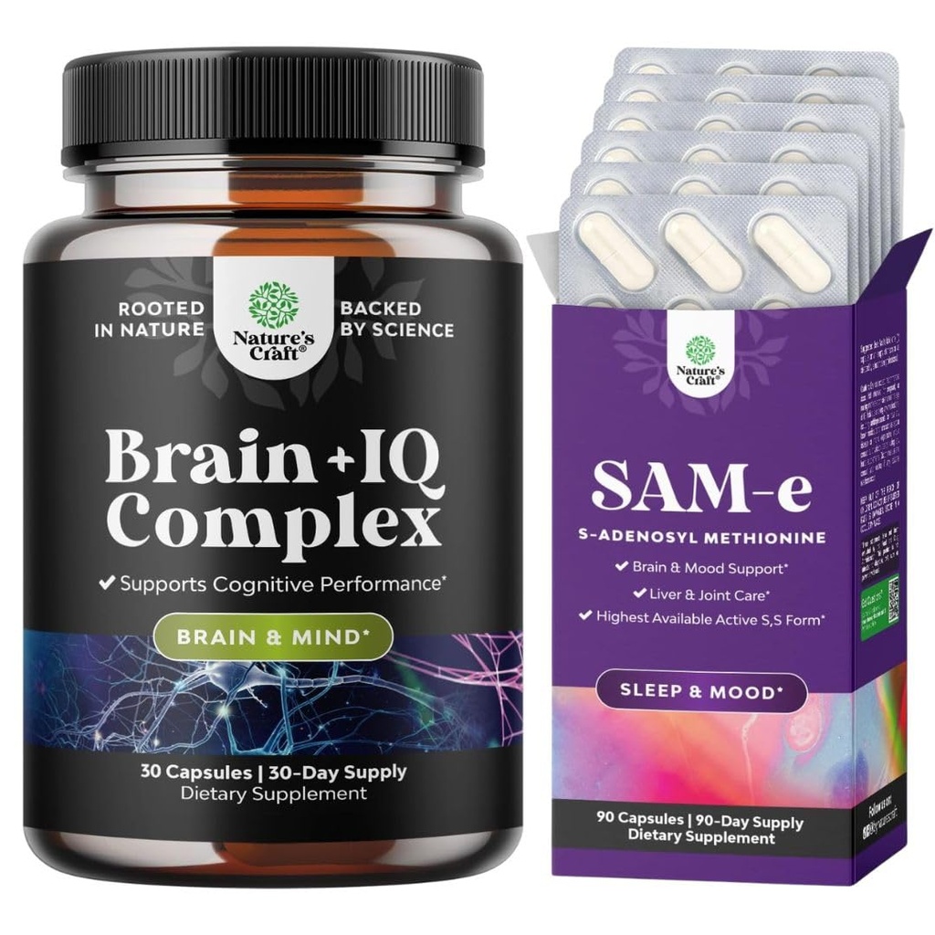 Bundle of Nootropic Memory Supplement for Brain Support - Vitamin B 12 Bacopa Monnieri Rhodiola Rosea DMAE Ginkgo Biloba and Pure SAM E Supplement 150mg - Nootropic Same 150mg Per Serving for Memory