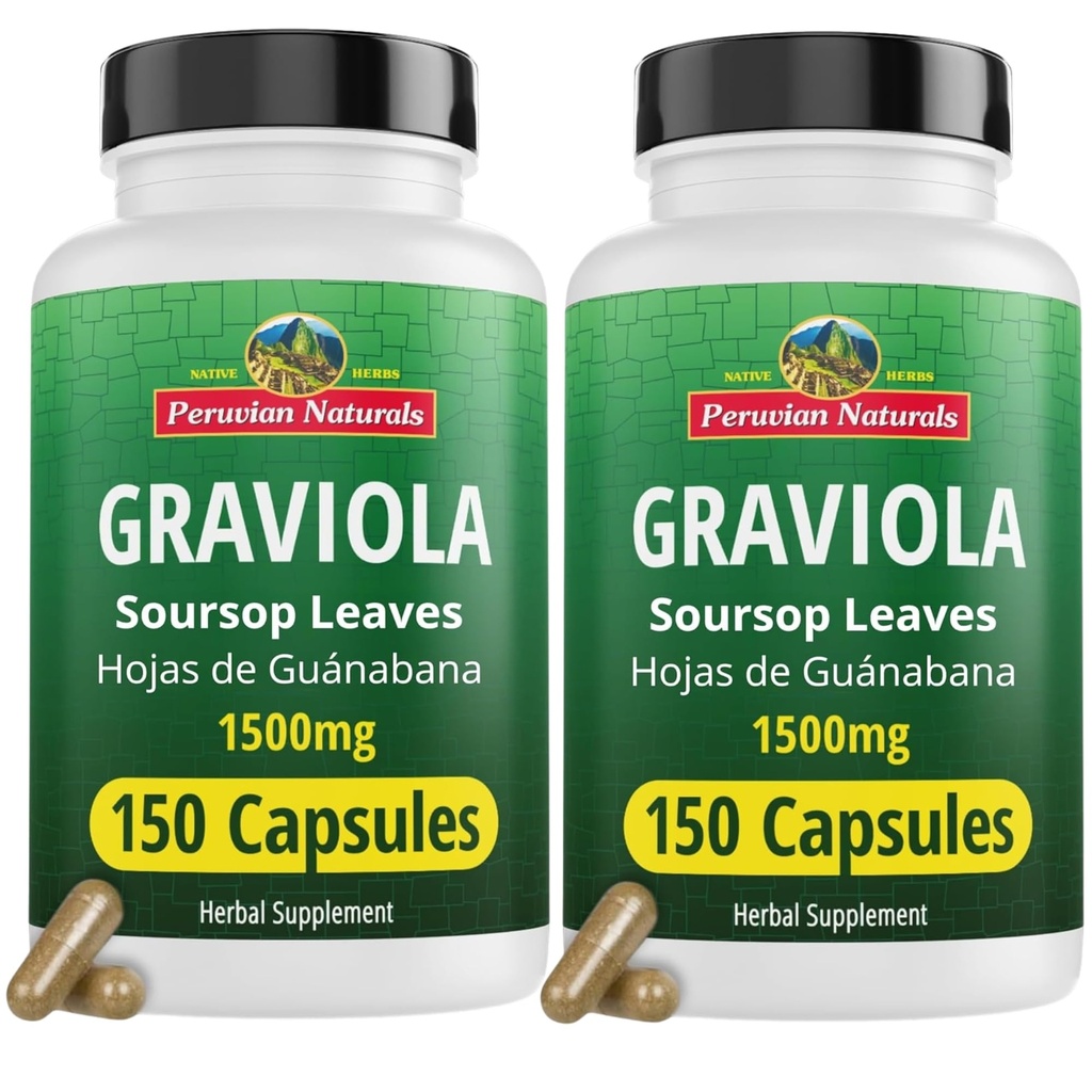 Peruvian Naturals Graviola Capsules, 1500 mg Soursop Leaf Extract from Hojas de Guanabana, Non-GMO, Vegan & Gluten-Free Herbal Supplement, 300 Count