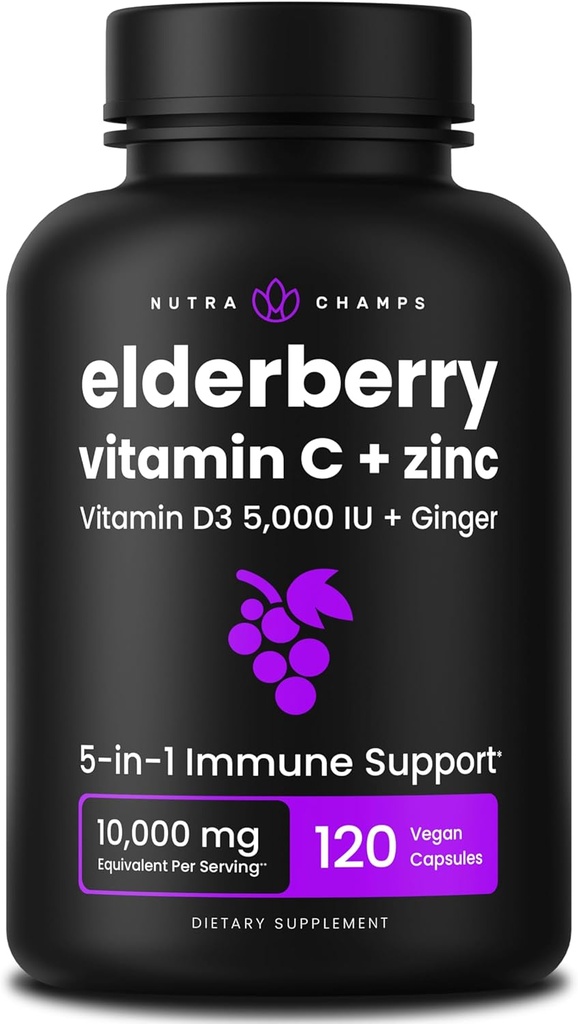 NutraChamps Elderberry avec vitamine C et zinc - Supplément d'immunité 5 en 1, 10 000 mg Sambucus Black Elderberry Capsules avec vitamine D3 5000 UI, Sambucus Elderberry Extract Immune Support pour les adultes