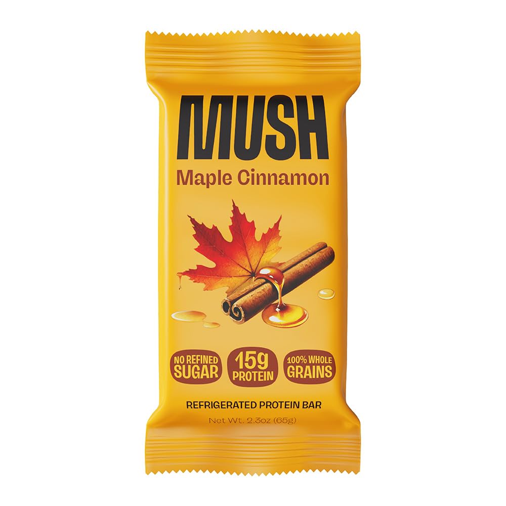 MUSH Protein Bar - Maple Cinnamon - 15g Protein, 100% Whole Grains, Gluten Free, No Refined Sugar, Sustained Energy, 2.3 OZ