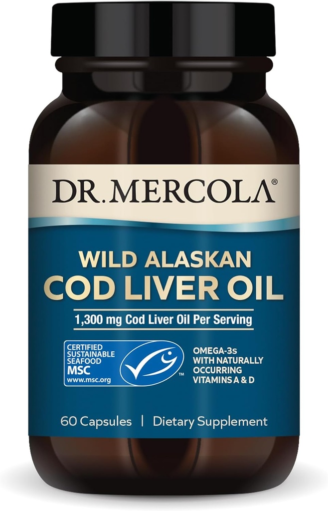 Dr. Mercola Cod Huile de foie, 1 300 mg par portion, 30 portions (60 capsules), supplément alimentaire, soutient la santé cérébrale, osseuse et articulaire, non-OGM, certifié MSC