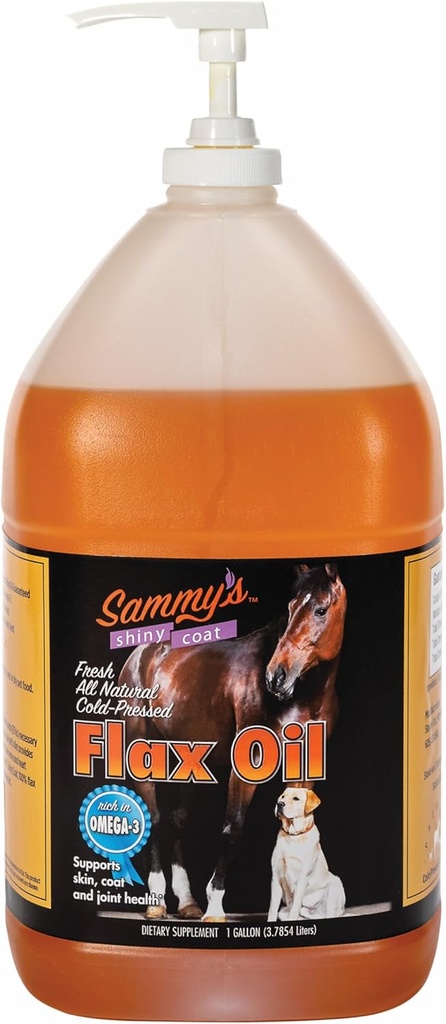 L'huile de lin brillant de Sammy pour les chevaux, l'huile de lin pur pour les chevaux, riche en acides gras oméga-3, supplément de l'huile de lin pour la peau et le manteau, Immune, Cardio et joint support, 1 Gallon avec pompe libre