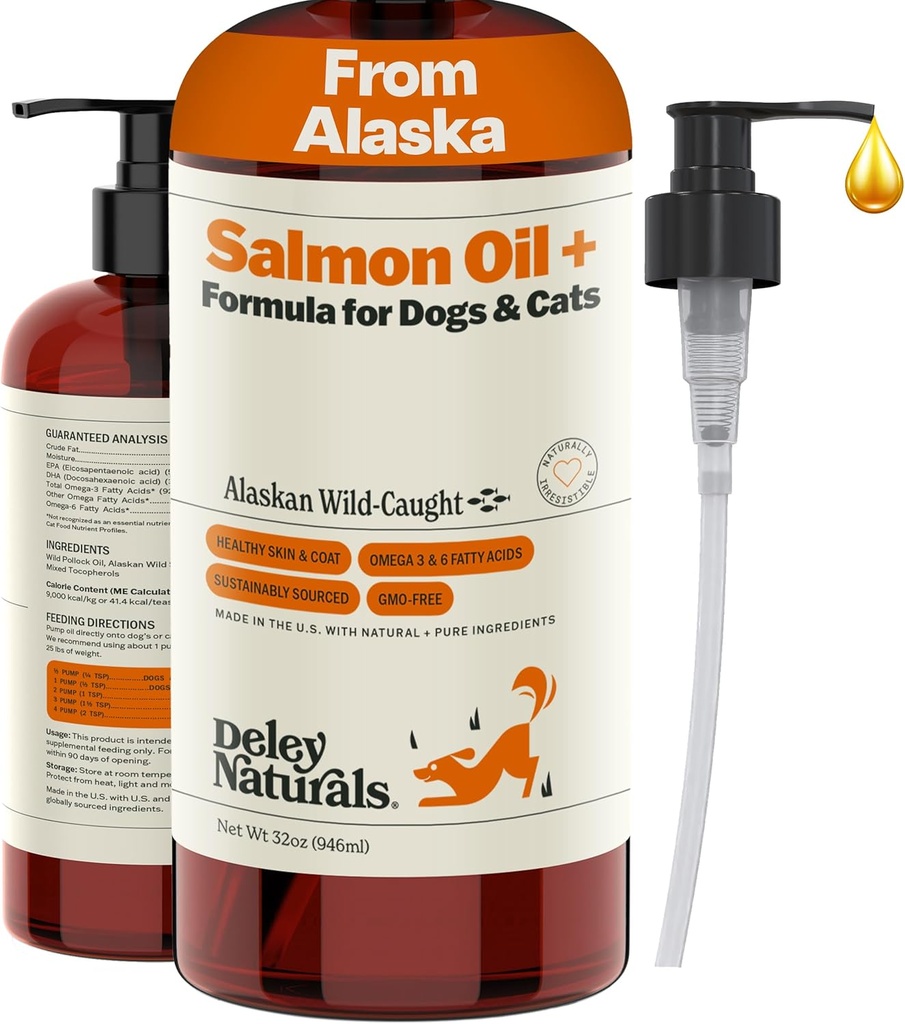 Deley Naturals Wild Alaskan Salmon Oil for Dogs - Nouveau et amélioré Salmon Oil Plus Formule - Huile de poisson pour chiens avec les acides gras Omega 3 et 6 de l'EPA DHA - Omega 3 Fish Oil for Skin & Coat - 32oz Fabriqué aux États-Unis