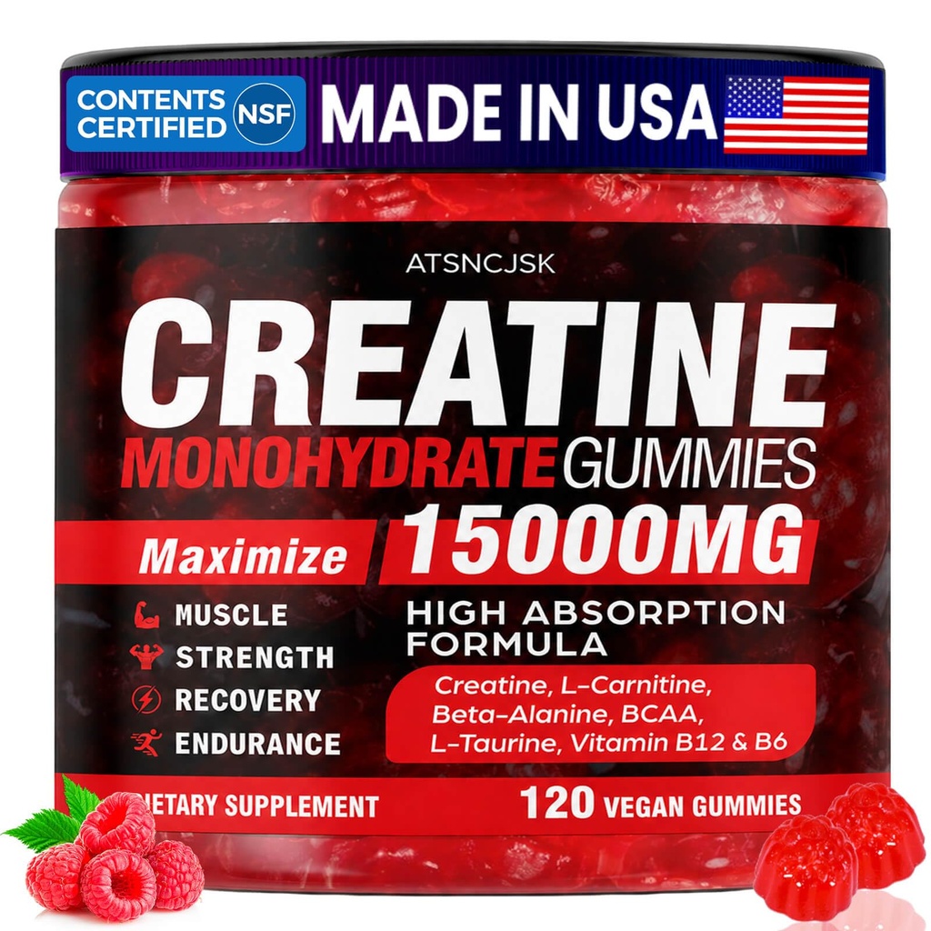Creatine Gummies Monohydrate Complex, Pre-Workout for Men & Women, Creatine Gummy with L-Taurine, BCAA 2:1, B12/6 for Muscle Support, Enhance Strength, Energy Boost-120 Count