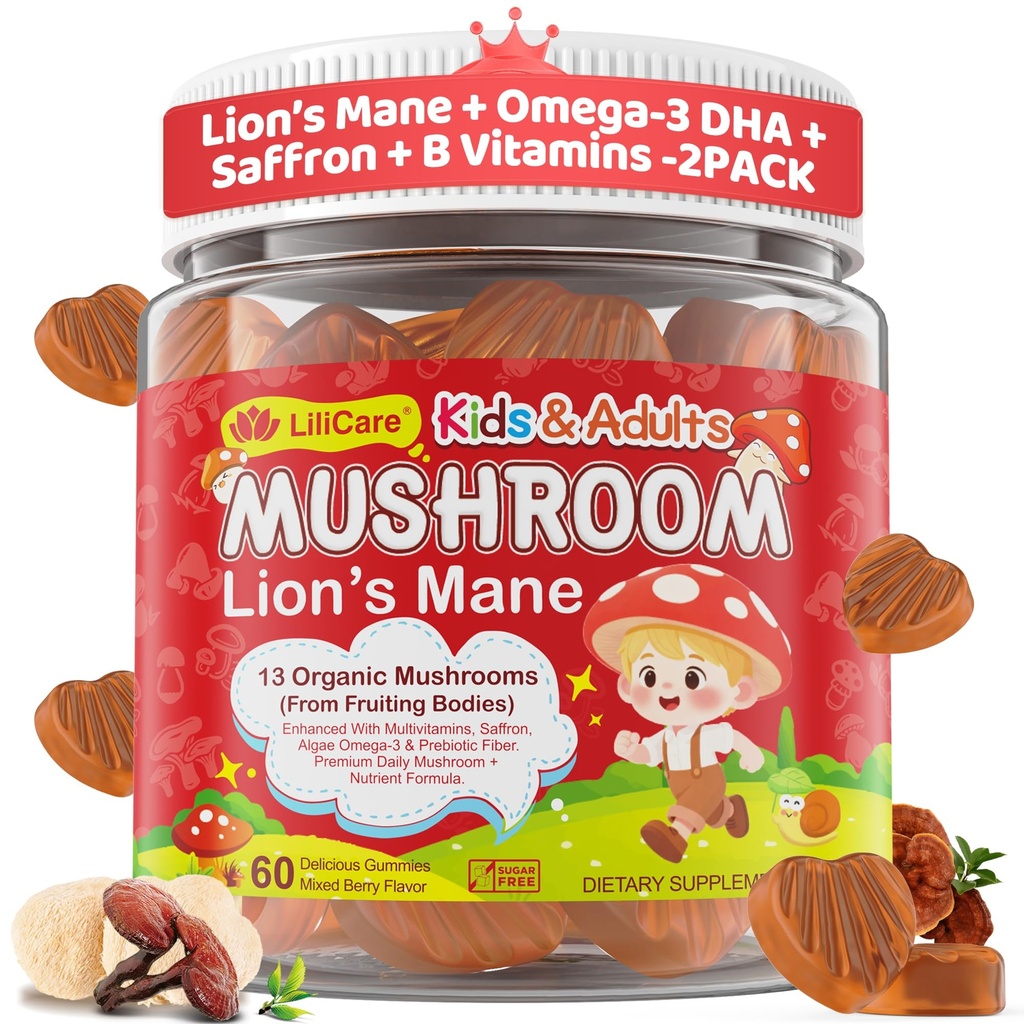Lions Mane Mushroom Focus Gummies for Kids, Teens & Adults, 24-IN-1 Brain Gummies with Saffron, Algae Omega-3, Chaga, Reishi, Magnesium, Methyl B12, B6 for Memory, Attention, Energy, Sugar Free,2Packs