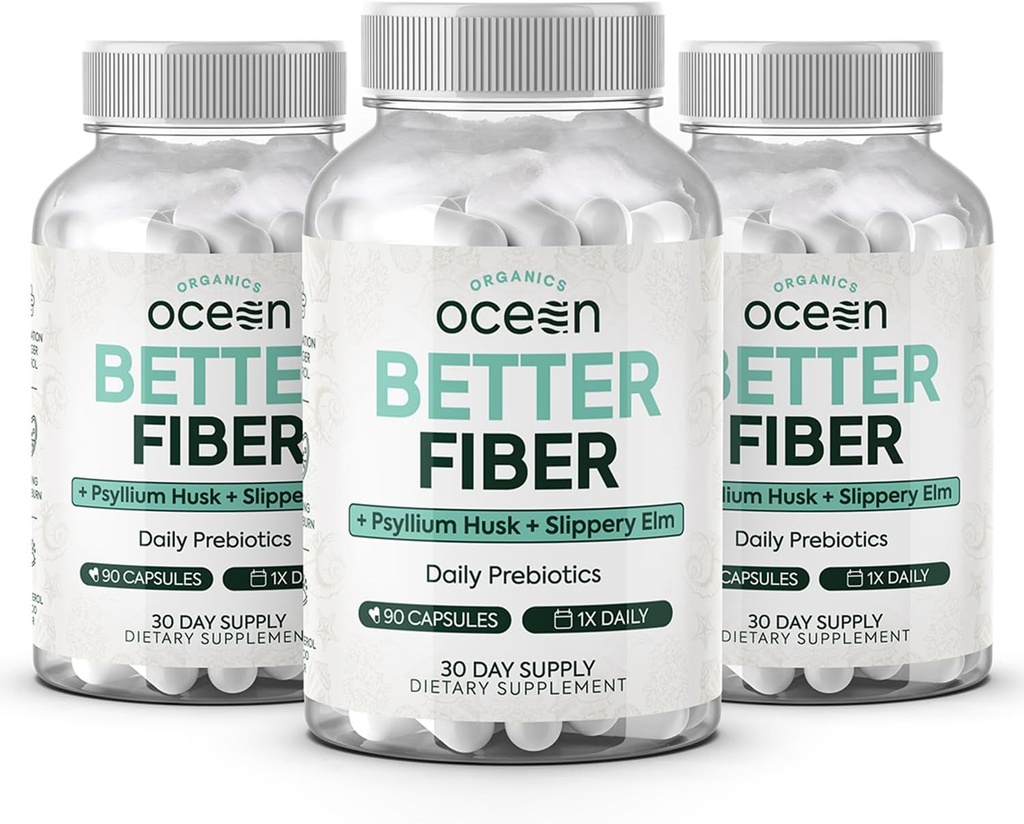 Bios Ocean Better Fibre - Supplément de fibre quotidienne - Tabouret doux pour les mouvements sans effort de Bowel - avec Psyllium Hulk et Slippery Elm - 3 bouteilles
