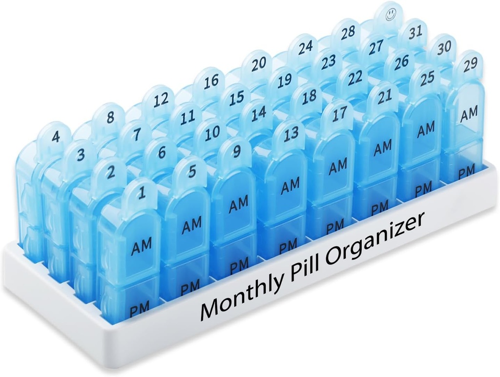 Daviky Monthly Pill Organizer 2 fois par jour, 30 jours Pill Box AM PM avec contenant séparé, un mois de médicament cas deux fois par jour pour tenir les vitamines, suppléments et médicaments (bleu)