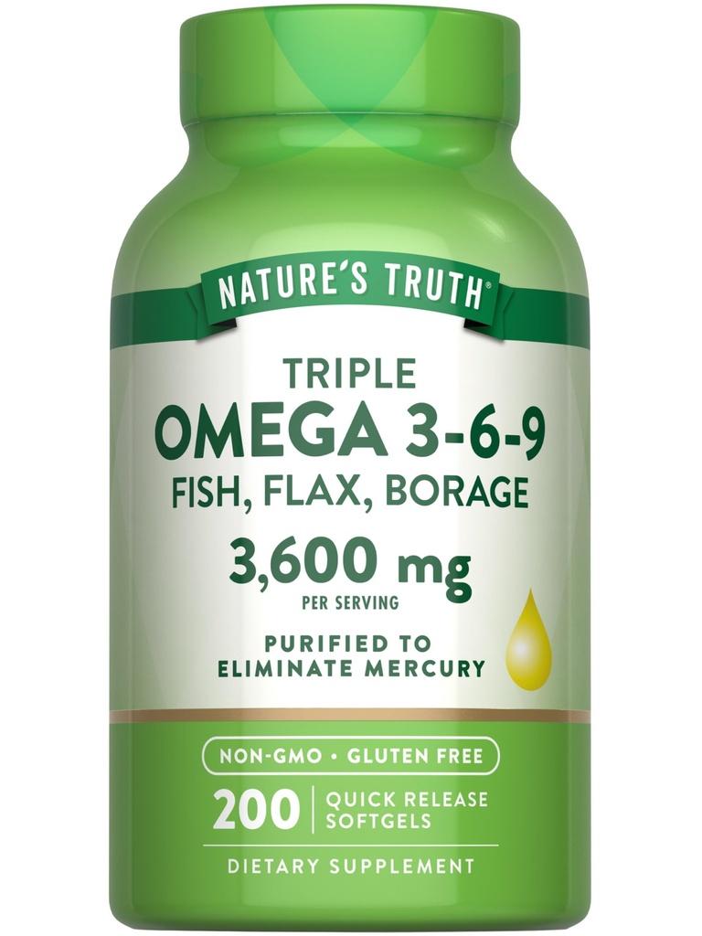 La vérité de la nature Triple Omega 3 6 9600mg 200 Softgels (en anglais seulement) Huiles de poisson, de lin et de borage (en anglais seulement)