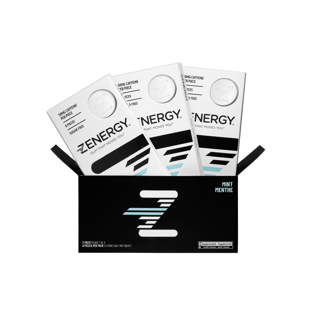 ZENERGY Énergie Gum - Arôme de menthe 50mg Caféine + 35% B6 et 45% B12 Vitamines Vegan, 0 Sucre, 0 Calories, 0 Gluten, 0 Aspartame, Non-OGM, Action instantanée