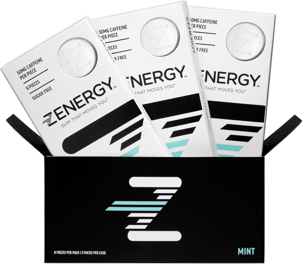 ZENERGY Énergie Gum - Arôme de menthe 50mg Caféine + 35% B6 et 45% B12 Vitamines Vegan, 0 Sucre, 0 Calories, 0 Gluten, 0 Aspartame, Non-OGM, Action instantanée