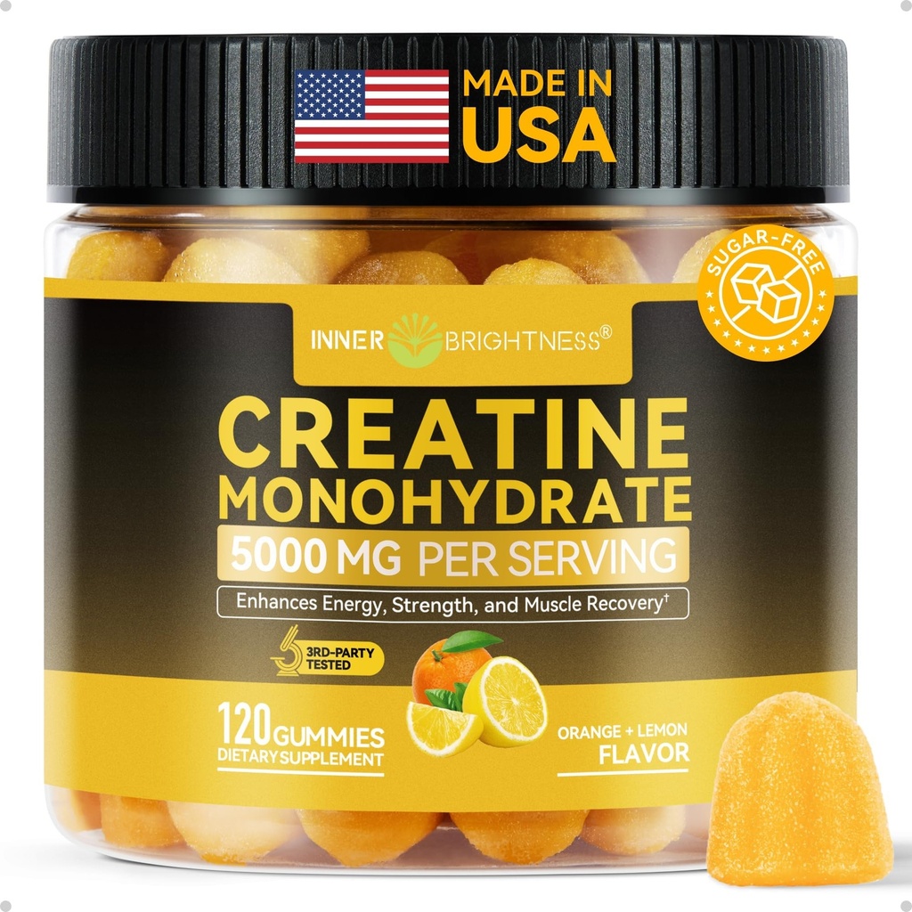 Inner Brightness Creatine Monohydrate Gummies for Men & Women 5000 mg, 3rd Party Tested, Creatine Chews for Muscle Growth, Strength & Energy Support, Sugar Free, Vegan, 120 Count