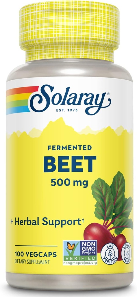 SOLARAY Fermented Beet Root Extract from Organic Beets - Beet Root Capsules Traditionally Used for Energy, Endurance, Blood Flow, Heart Health Support - Vegan, Non-GMO, 60-Day Guarantee, 100 VegCaps
