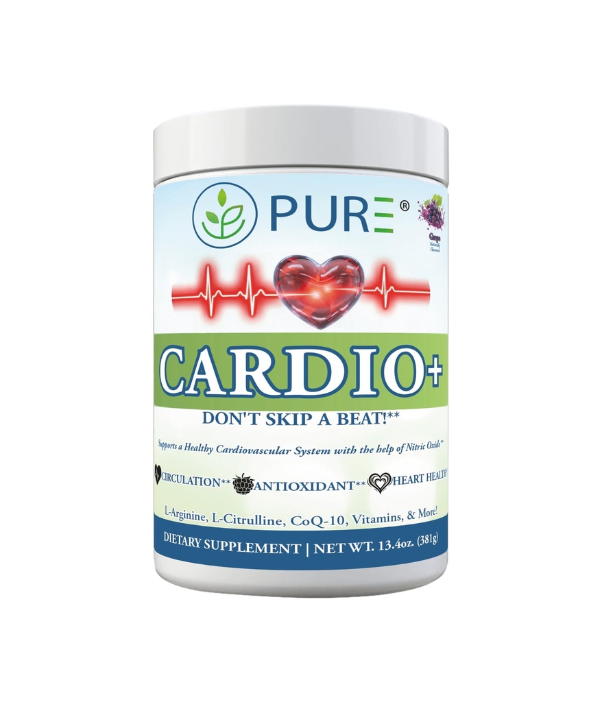 PURE® Cardio+ Nitric Oxide Heart & Circulation Support - 5000mg L-Arginine & 1000mg L-Citrulline - Grape, 30 Servings Powder, 381 Grams - CoQ10 Beet Root - High Potency Cardiovascular Formula