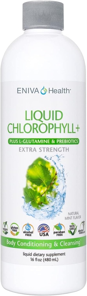 Eniva Santé Chlorophylle liquide Super Verts , 24K MG avec Prébiotique et L-Glutamine , Ment Flavor , Immunity, Energy, Detox, Gut Health , Vegan , Gluten & Alcohol-Free , 48 portions