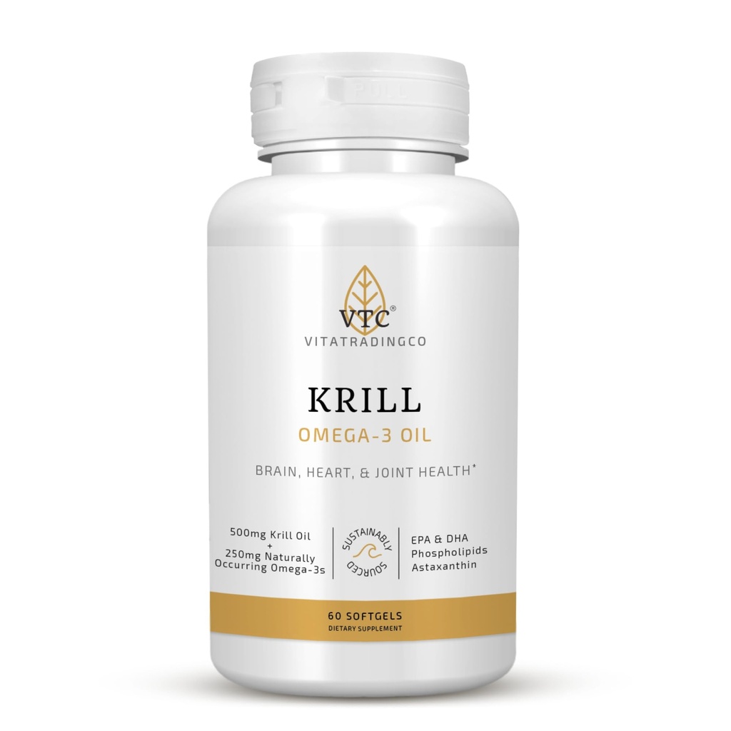 VTC VitaTradingCo. Krill Omega-3 Supplément à l'huile de krill (NKO) EPA & DHA 100mg Pure Antarctic Neptune Krill Oil (NKO) EPA & DHA Astaxanthin) Cerveau, coeur, articulations et soutien oculaire 60 Softgels