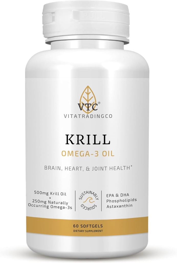 VTC VitaTradingCo. Krill Omega-3 Supplément à l'huile de krill (NKO) EPA & DHA 100mg Pure Antarctic Neptune Krill Oil (NKO) EPA & DHA Astaxanthin) Cerveau, coeur, articulations et soutien oculaire 60 Softgels