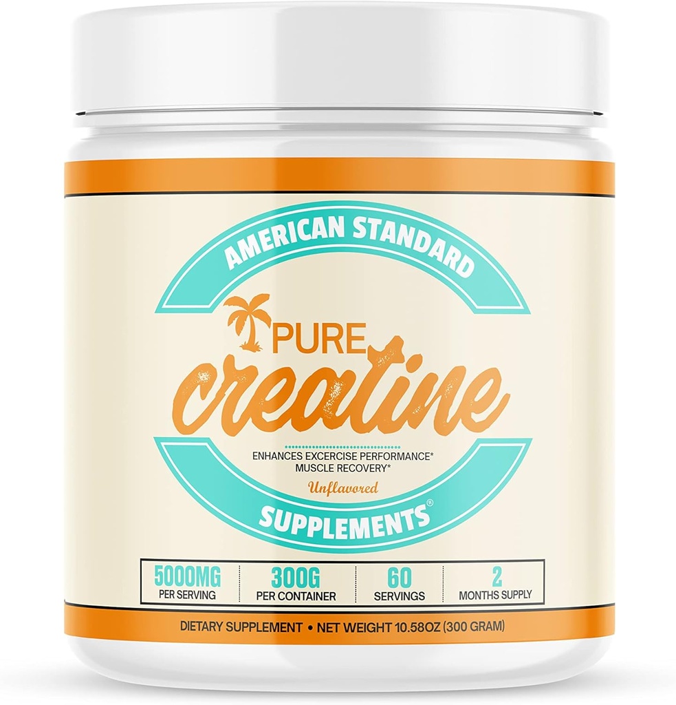 American Standard Suppléments Pure Creatine Monohydrate Micronised Powder - Micronised Creatine Monohydrate Powder - Non aromatisé - 5000mg par portion - 60 portions (300g)