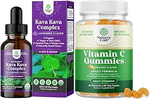 Bundle of Potent Liquid Kava Kava Drops Supplement with Kavalactones for Balanced Mood and Chewable Vitamine C Gummies for Adults - Acide ascorbique Booster naturel immunitaire et remède naturel à froid