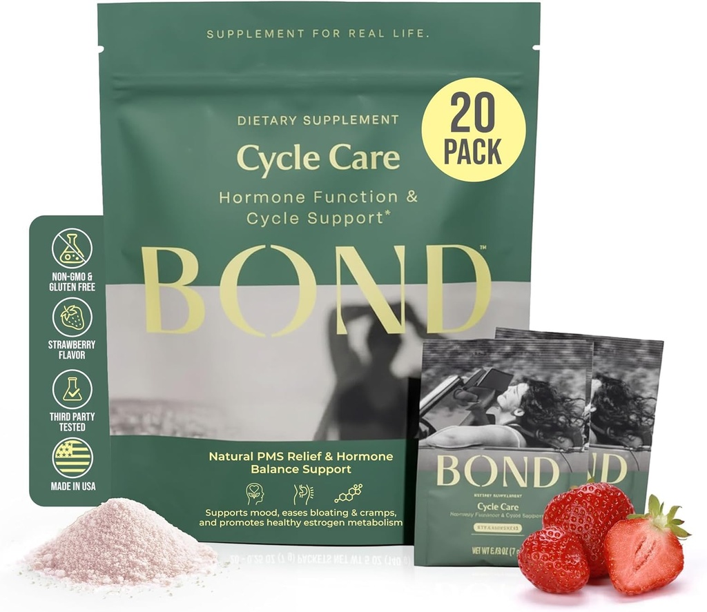 Soins du cycle BOND – Supplément de soutien PMS et équilibre hormonal pour les femmes – Réducteur de cortisol avec Ashwagandha, L-Tryptophane, Magnésium, Crampes & Mood Relief, Mélange de boissons aux fraises - 20 packs de voyage