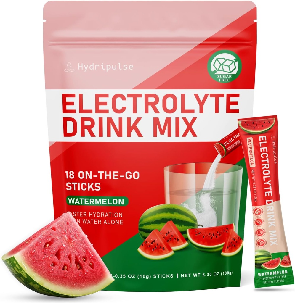 Electrolytes Packets en poudre - sans sucre, naturellement aromatisé, 10 électrolytes et vitamines Mélange de boissons électrolytes - pastèque Saveurs, Keto Friendly, Vegan, Non-OGM, 18 paquets