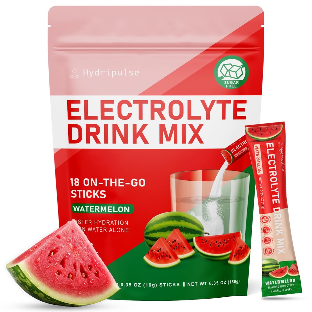 Electrolytes Packets en poudre - sans sucre, naturellement aromatisé, 10 électrolytes et vitamines Mélange de boissons électrolytes - pastèque Saveurs, Keto Friendly, Vegan, Non-OGM, 18 paquets