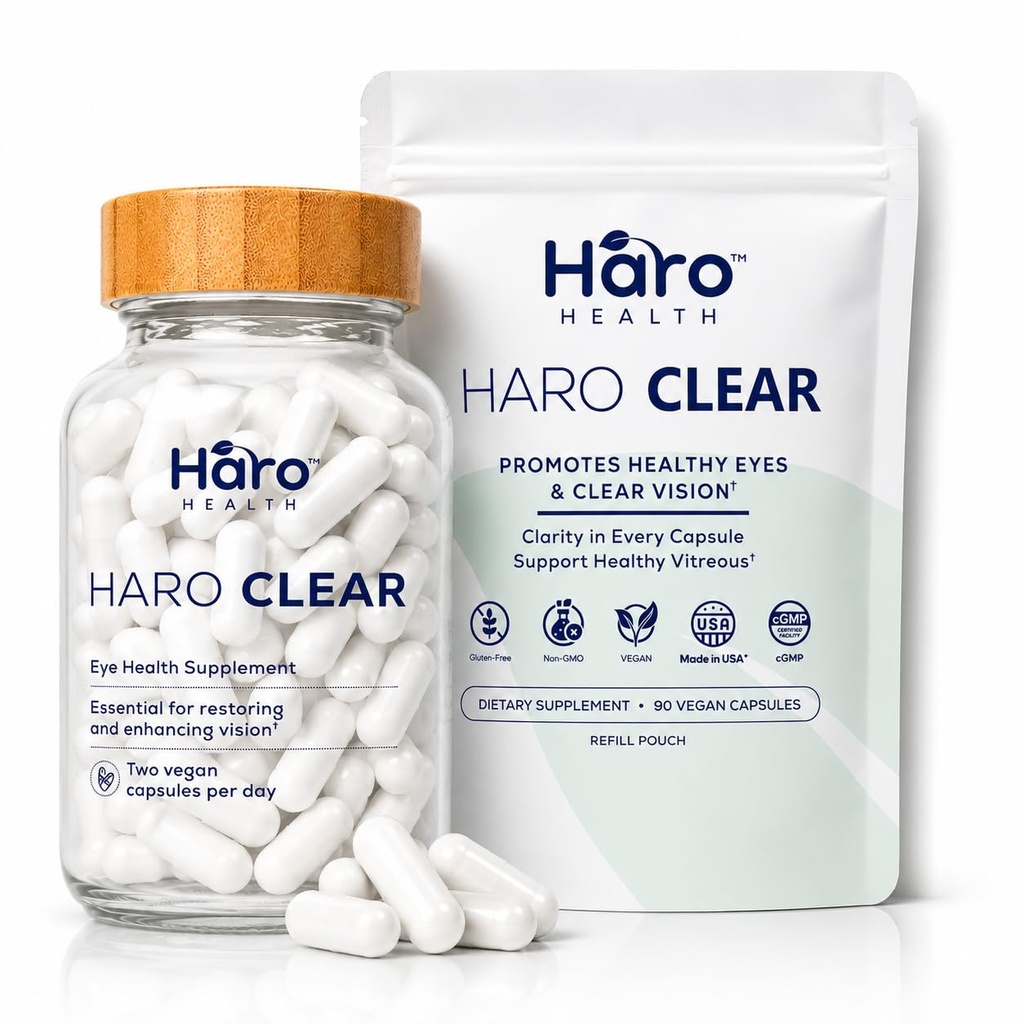 HARO Clear Eye Vitamins with Lutein & Zeaxanthin, Daily Eye Health Supplement for Adults, Antioxidant Nutritional Support, Starter Kit with Refillable Bottle, 180 Capsules, 90 Day Supply