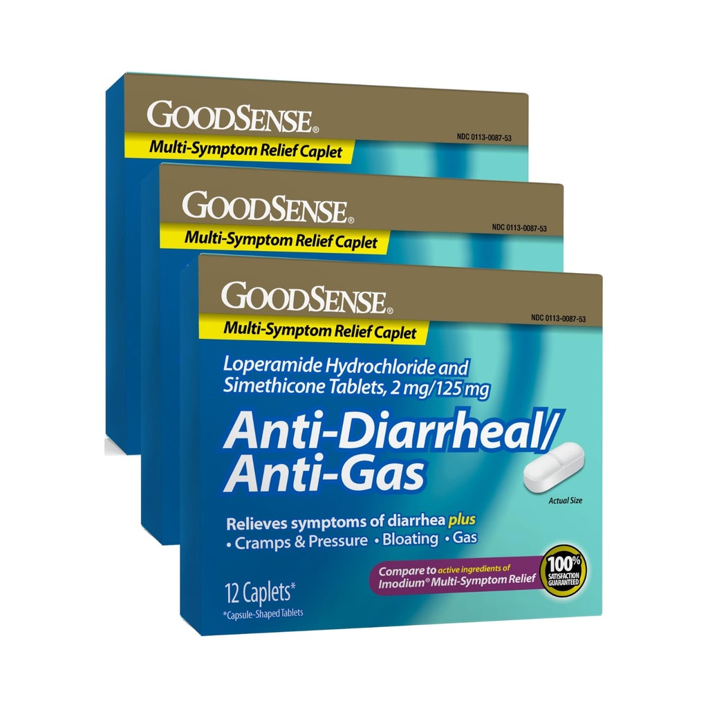 GoodSense Loperamide Hydrochloride 2mg and Simethicone 125mg Tablets, Anti-Diarrheal and Anti-Gas, Relieves Cramps, Bloating, and Gas, 12 Caplets per Box (Pack of 3)