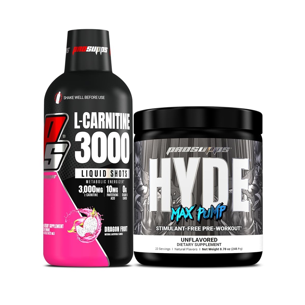 PROSUPPS L-Carnitine 3000 Stimulant shots liquides libres (31 portions, fruits du Dragon) et Hyde Max Pump pré-entraînement pour les hommes et les femmes (20 portions, non aromatisées)