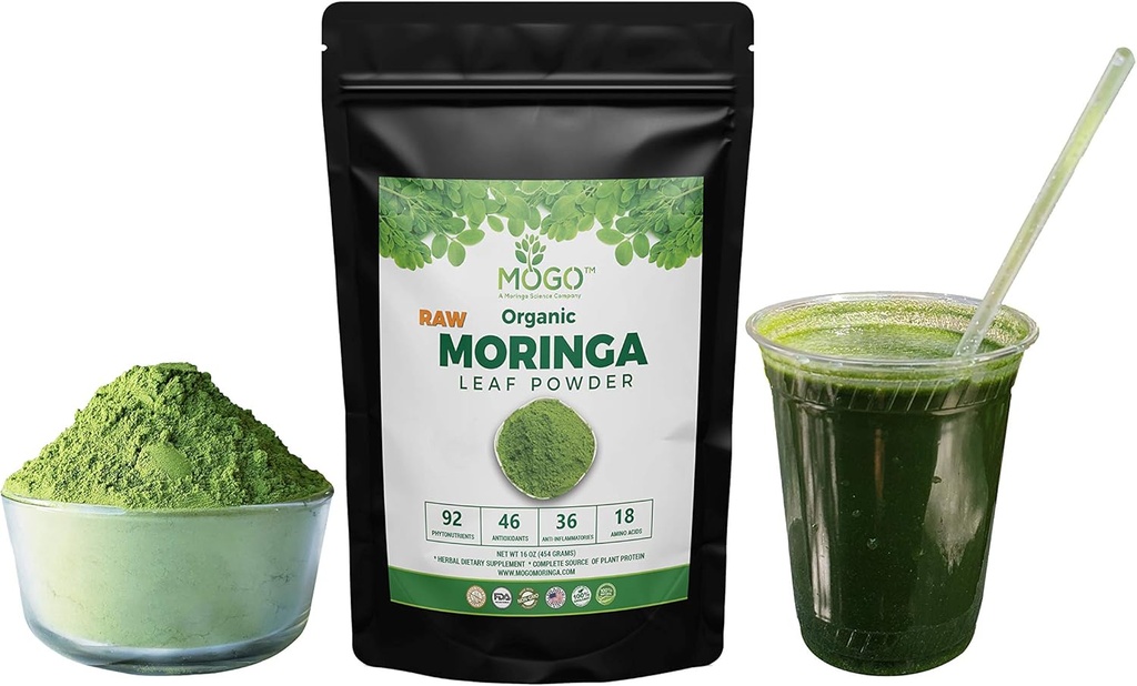 MOGO - Organic Moringa Leaf Powder 1 LB and Moringa Capsule - 180 Count