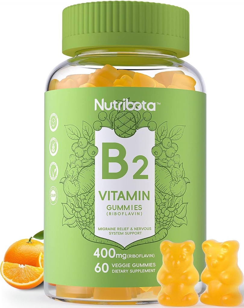 Sans sucre Vitamine B2 Gummies- Riboflavine 400mg 200mg avec Magnésium, CoQ10 pour les adultes et les enfants, Vegan, 60 Compte
