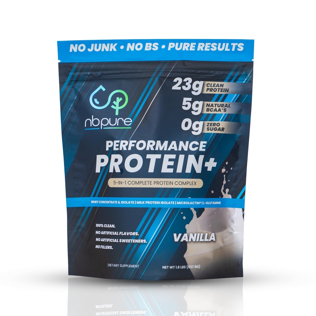 nbpure Performance Protein+: Natural Protein Blend- 23g Whey Isolate & Concentrate + Milk Protein Isolate– Clean, Healthy Protein Powder – Nothing Artificial, Vanilla