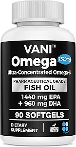 Pharmaceutique Omega 3 Huile de poisson, KD-PUR Premium Allemagne Huile de poisson Suppléments 2520mg avec EPA & DHA- soutient cerveau, coeur et immunité (90 Softgels)