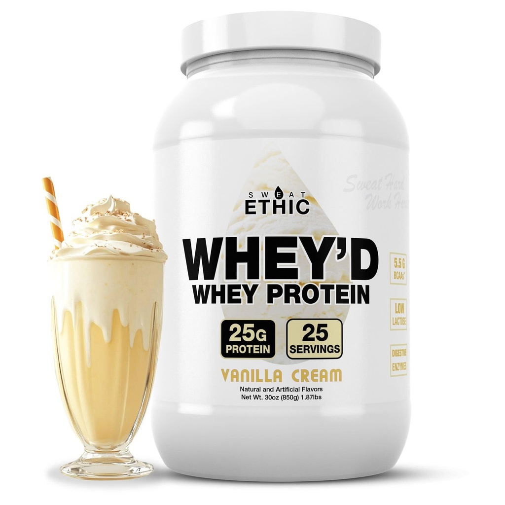Sweat Ethic Whey'd Protein Powder, 25 G Whey Protein Blend with Concentrate (30 Ounce, Vanilla Cream)