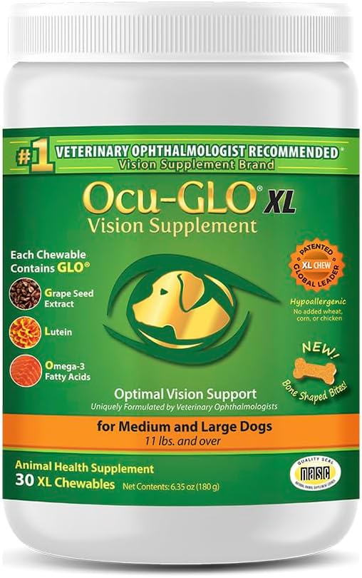 Ocu-GLO Cat & Dog for Eye Support - Supplément de vision à croquer pour les petits et grands animaux de compagnie soin avec lutéine, acides gras oméga-3, extrait de graines de raisin et antioxydants 30 XL Chewables