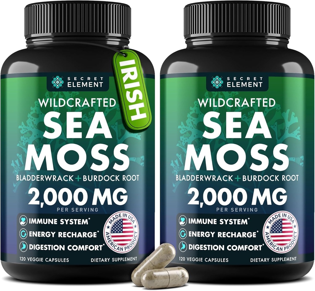 Capsules de mousse de mer - Irish Sea Moss Advanced avec la racine de lard, Bladderwrack et Muira Puama pour l'immunité, Gut, et l'énergie - Superfood Sea Moss Suppléments avec/Raw Sea Moss Powder (2 Pack)