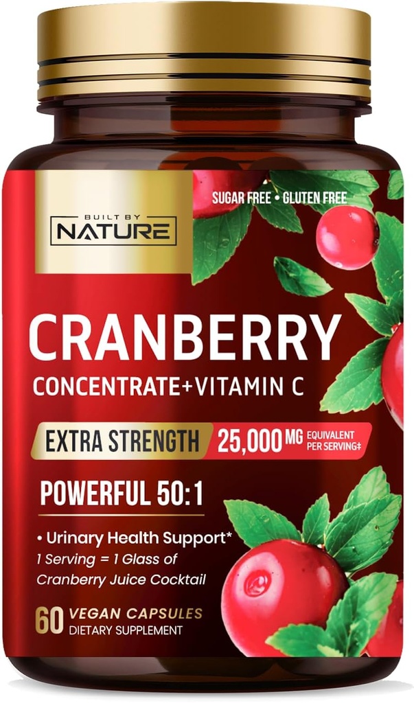 Construit par la nature Pilules de canneberge 25 000mg - Extra-résistance 50:1 Extrait concentré avec vitamine C - Supplément de santé de piège urinaire pour les femmes - non-OGM, sans sucre, végétalien - 60 capsules