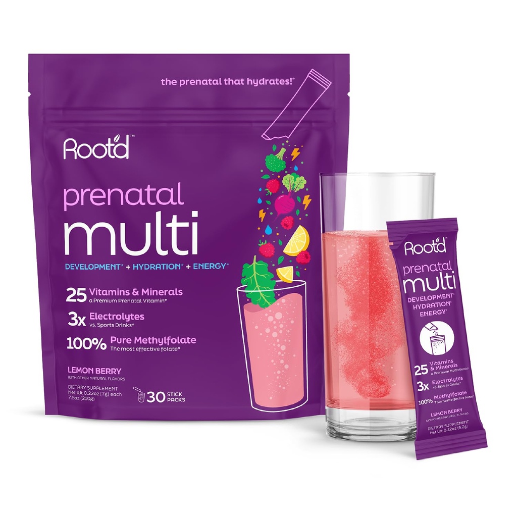 Poudre de multivitamines prénatales - 25 vitamines et minéraux avec 3 électrolytes, folate, fer, D3 pour maman et bébé, 7 superaliments et probiotiques, vitamines sans sucre et hydratation