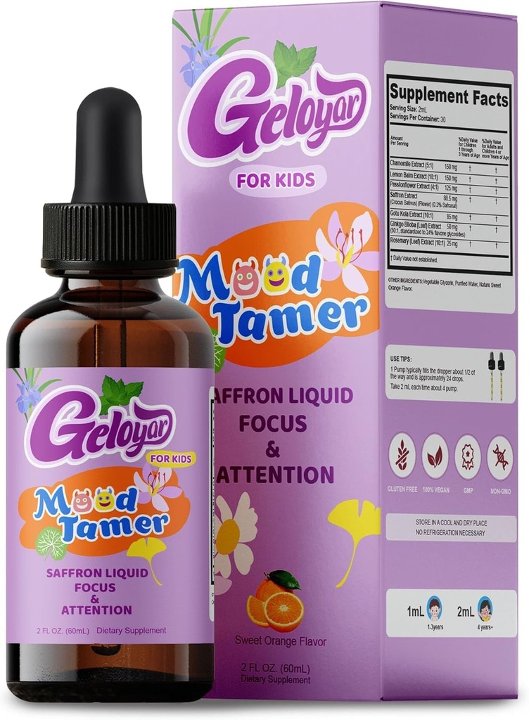 Kids Calm & Focus Drops with Saffron – Herbal Liquid Supplement for Children with Chamomile, Lemon Balm & Passionflower, Non-Drowsy Daily Support, Alcohol Free, 2 fl oz