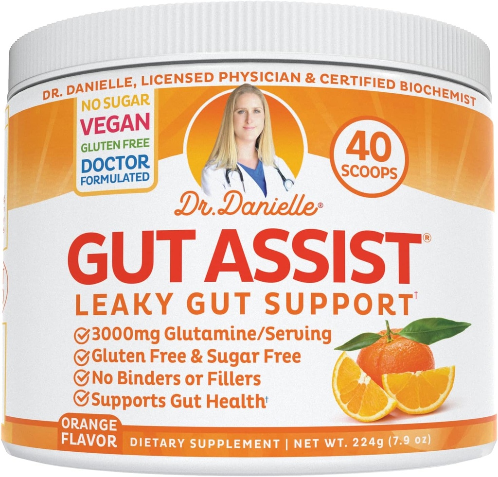 Doctor Danielle Gut Assist - Poudre de supplément de réparation de Gut - Glutamine, Arabinogalactan, Racine de réglisse - Supporte IBS, Heartburn, Bloating, Gas, Constipation, SIBO de, Orange Flavor