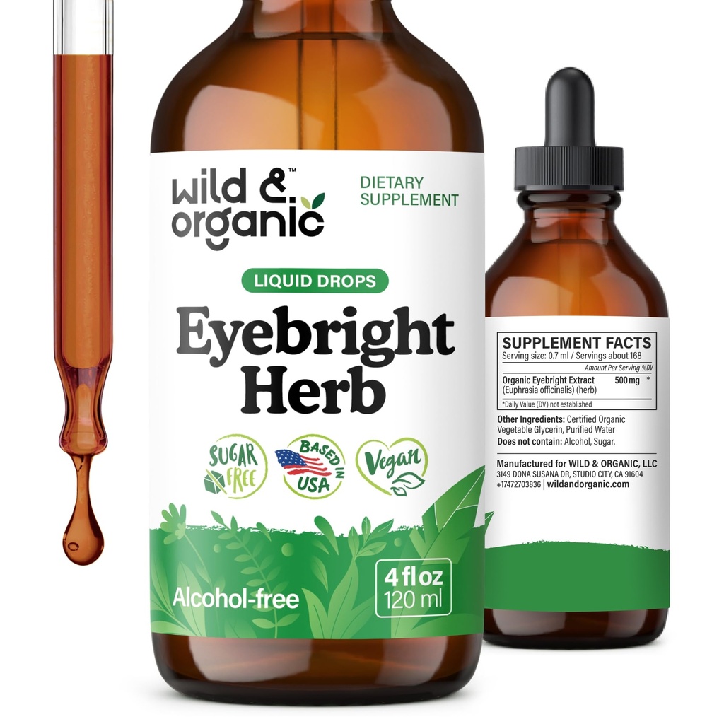 Wild & Organic Eyebright Herb Tincture - Vision Support with Euphrasia Extract - Dietary Eyebright Drops 500 mg - Vegan, Sugar & Alcohol-Free Liquid Supplement - 4 fl oz