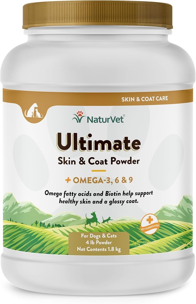 NaturVet Ultimate Skin & Coat Powder Pet Supplément pour chiens et chats – Comprend Omégas 3, 6, 9, Biotine, Vitamines – Pour les manteaux de chien en bonne santé, la peau de chat – Taste Food Topper pour animaux de compagnie – 4 lbs.