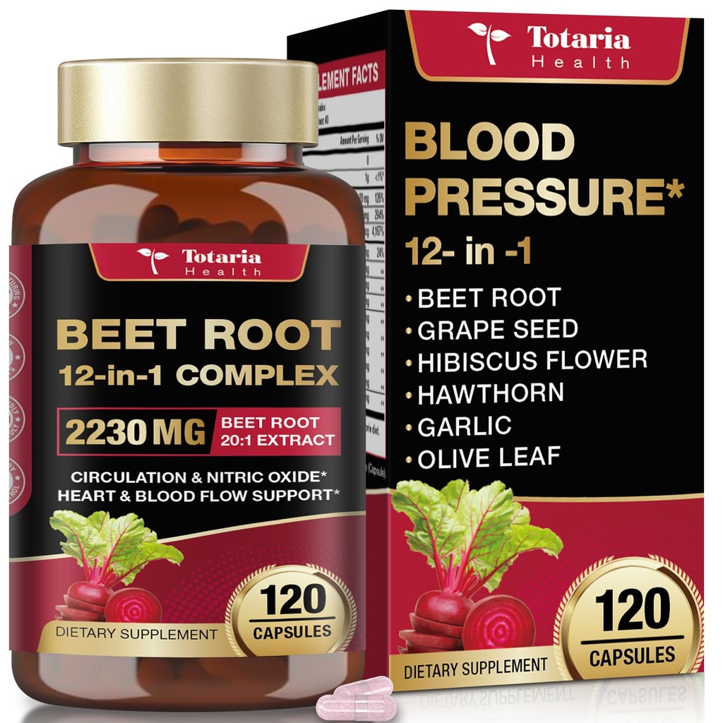 Totaria Beetroot Capsules 2230mg Support Blood Pressure & Heart Health, Nitric Oxide Supplement with Grape Seed, Hawthorn, Garlic & CoQ10, Blood Flow Beet Root Powder | 120 Count