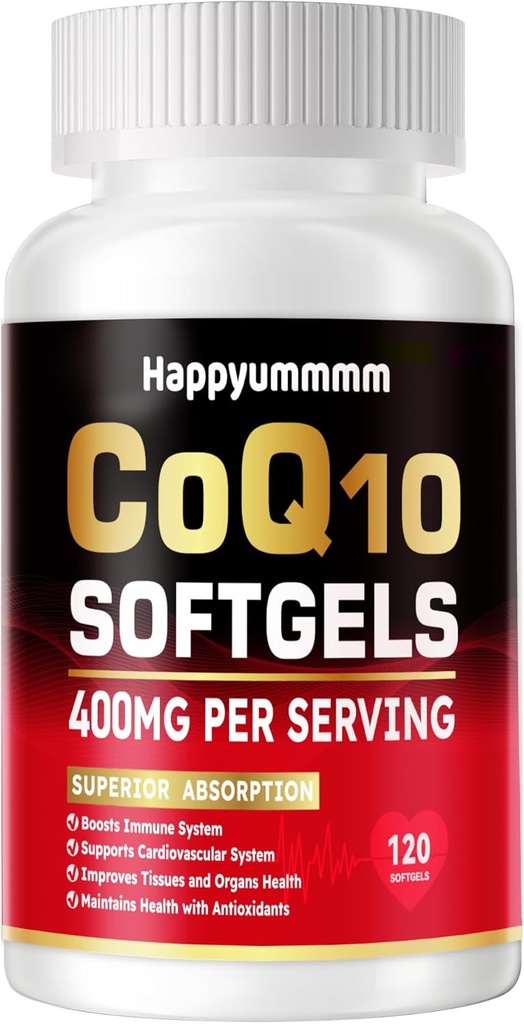 CoQ10-400mg-Softgels avec PQQ, Omega-3, Coenzyme Q10(Ubiquinone) Supplément pour haute absorption, puissant antioxydant, support Cœur et production d'énergie, 120 portions.