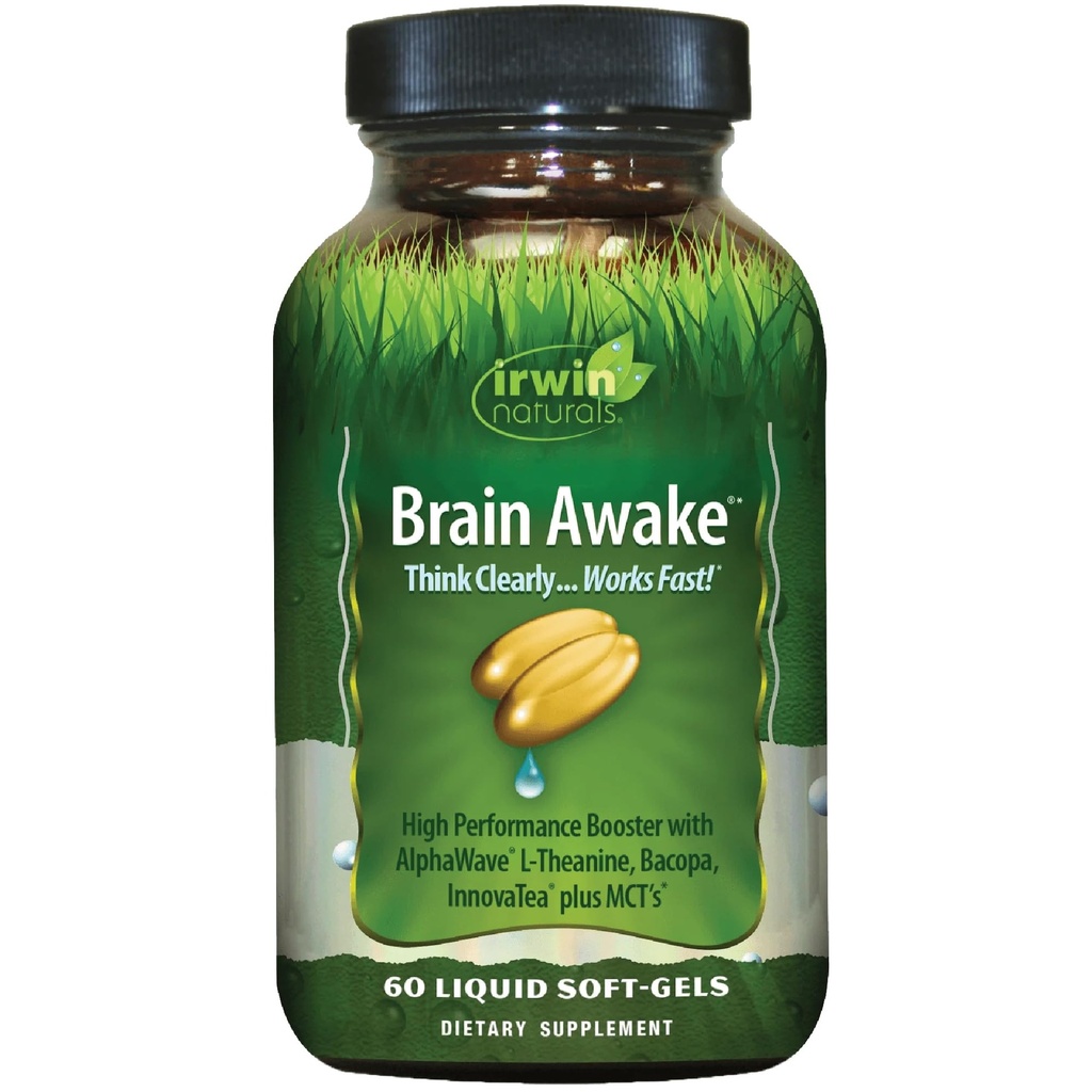 Irwin Naturals Cerveau Réveillez-vous Amélioration de la performance mentale, accent accru, clarté et concentration - puissant booster nootrope avec L-Theanine, Bacopa, MCT et InnovaTea - 60 Softgels liquides