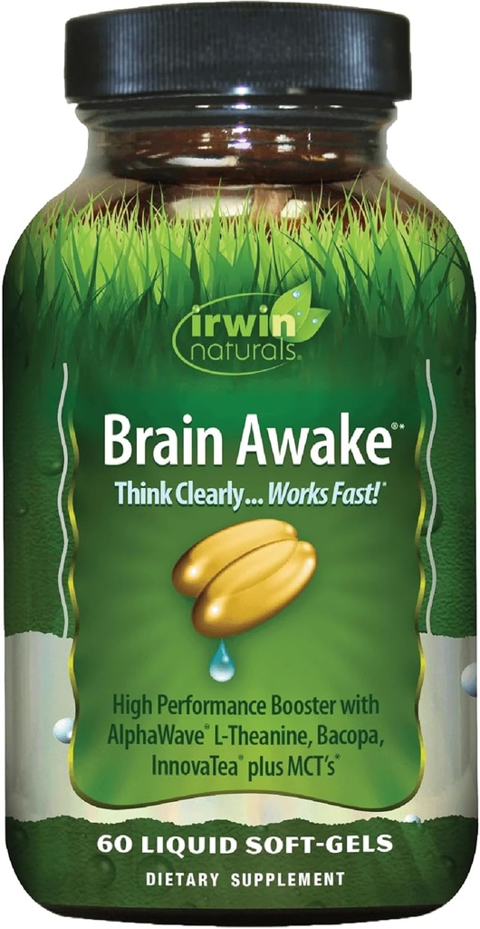 Irwin Naturals Cerveau Réveillez-vous Amélioration de la performance mentale, accent accru, clarté et concentration - puissant booster nootrope avec L-Theanine, Bacopa, MCT et InnovaTea - 60 Softgels liquides