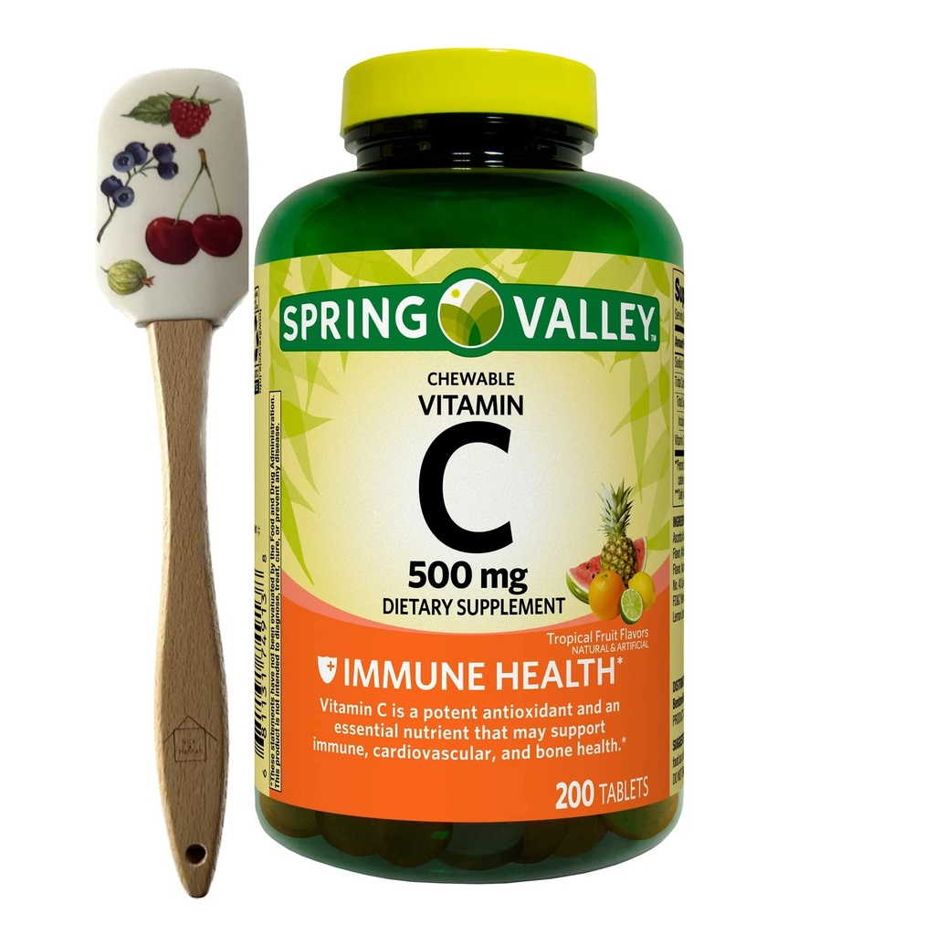 Spring Valley Vitamin C Chewable Tablets Dietary Supplement, Tropical Fruit Flavors, 500 mg, 200 Count + 1 Nick & Hannah Spatula (Style Varies)