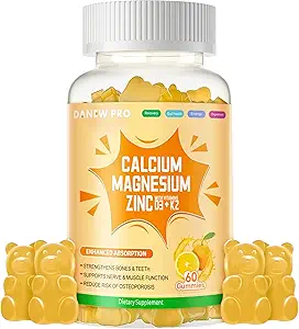 Gommies de zinc de magnésium de calcium avec vitamine D3 et K2 - Absorption améliorée de haute puissance -60 Gommies d'orange